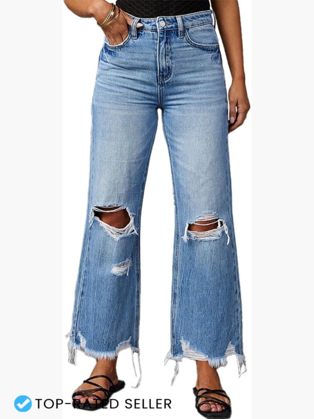 High-Rise Ripped Bell Bottom Jeans Distressed Raw Edge Hem Boyfriend Wide Leg